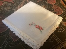 Vintage White Hankie Crochet Edge Petit Point Roses VGC