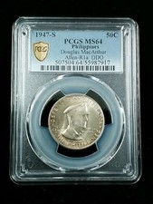 1947-S 50C Silver MacArthur  Philippines  Half Dollar - PCGS MS64 Toning 6449
