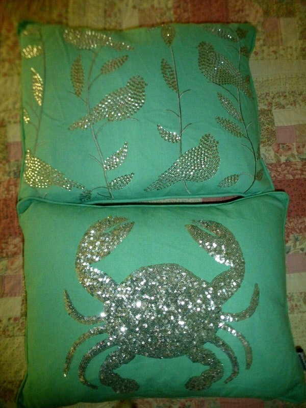 THRO Marlo Lorenz~Silver Sequins Green~2 Pillows 14x18"~Ocean CRAB Tree Birds~LN