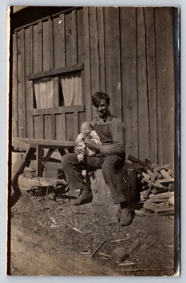 RPPC   Father & Child   Cabin  Frontier  Woodsman  Depression  Poor  Postcard