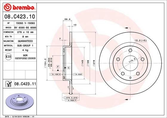 2X Brembo 08.C423.11 Bremsscheibe FüR Mazda-image