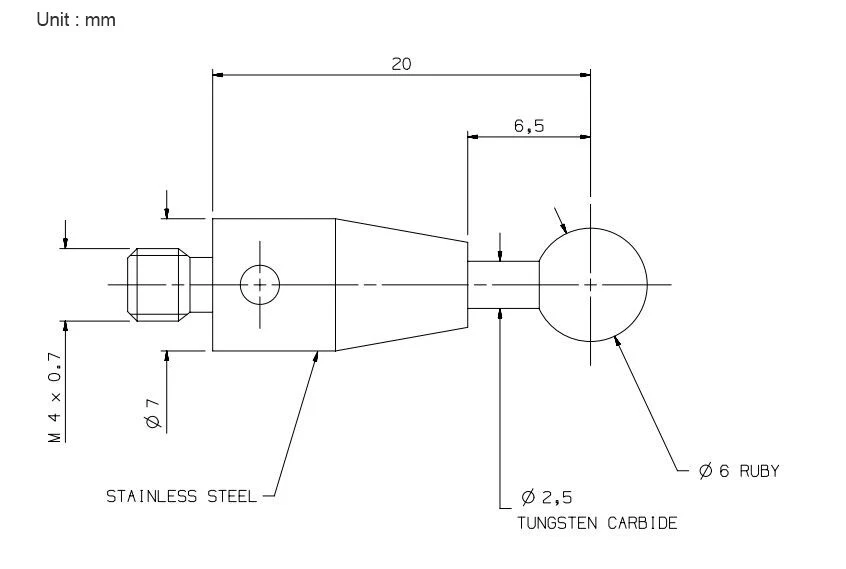 CMM Touch Probe Stylus M4 Thread 6 mm Ruby Ball 20mm Long A-5003-4796 KMG Taster - Image 2 of 2