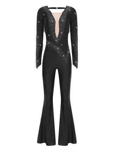 Damen Tanzkleidung Kostüm Pullover Cha-cha Rompers Langarm Tanz Schnitt Strass - Bild 26 von 61