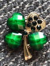 shamrock Brooch pin green rhinestones gold tone  1"X 1" GIFT silver tone #13