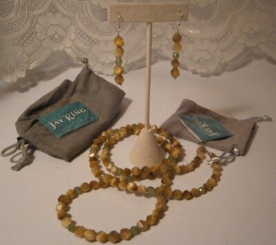 Jay King 925 Sterling Golden Cat's Eye Peridot Bead 36'' Necklace & Earrings Set