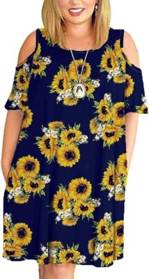 Kancystore Plus Size Dresses Short Sleeve Cold Shoulder Casual