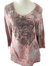 CHICOS top size 2 or L 12 stretch 3/4 sleeve beaded tan floral stripe USA made
