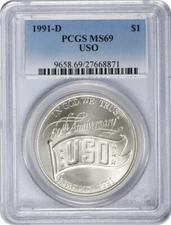 1991-D USO U.S.O Silver Commemorative Dollar MS69 PCGS Mint State 69