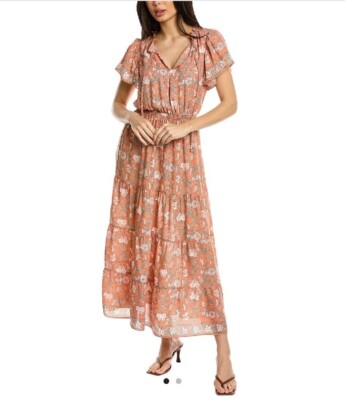 Max Studio Tie Neck Flutter Sleeve Tier Maxi Dress SZ M SUMMER DRESS