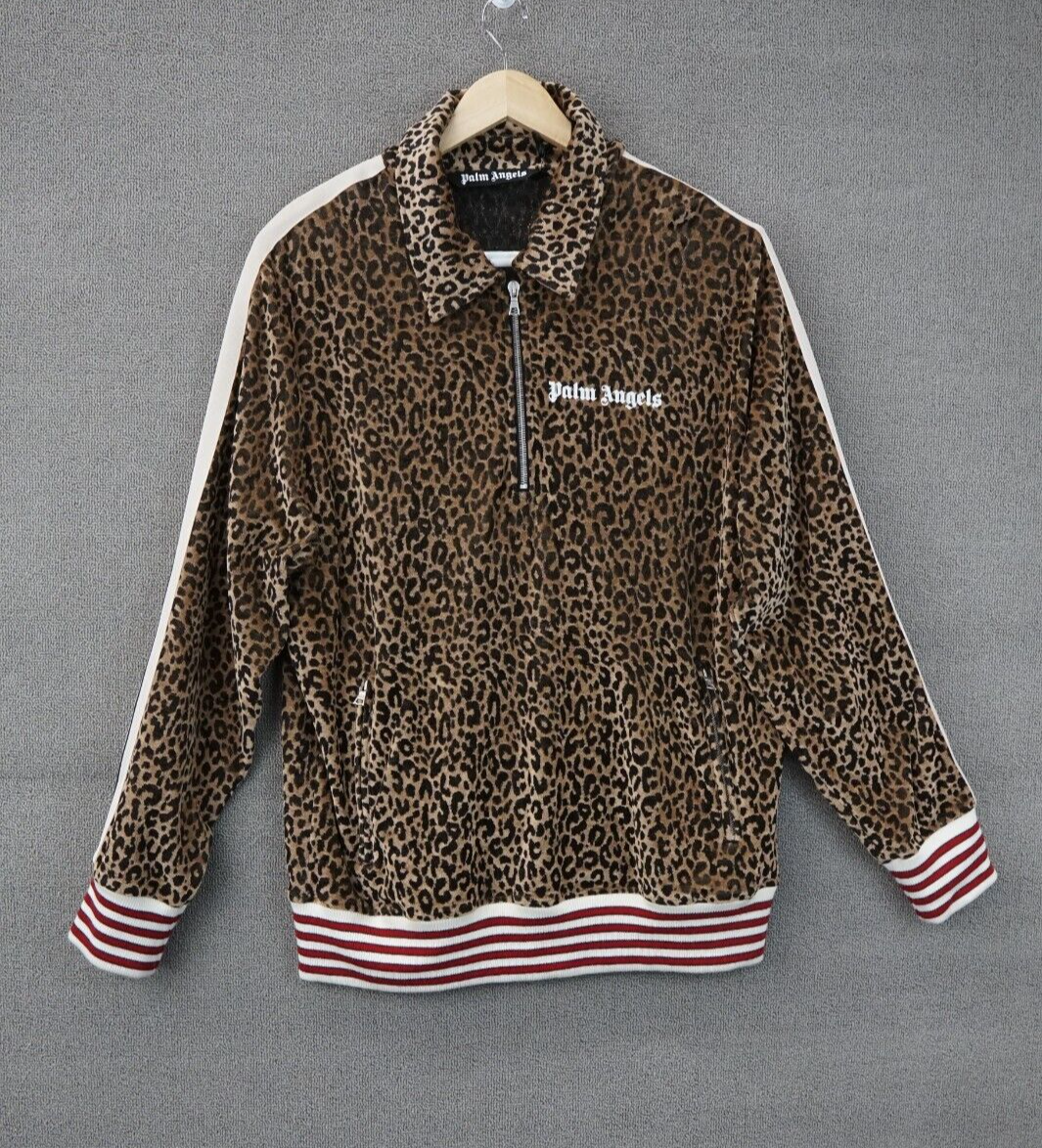Palm Angels Logo Print Striped Leopard Print Velour Half Zip Palm Angels Logo Print Striped Leopard Print Velour Half Zip