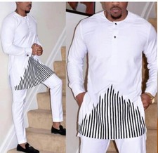 Dashiki African Men Clothing Top-Pants Set White with black Embroidery