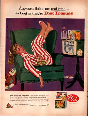 1958 Post Toasties Cereal Girl sleeping in front of TV Vintage Print Ad 850