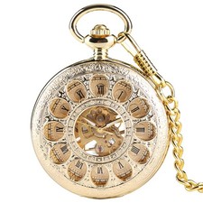 Bronze Men Women Hand-winding Mechanical Roman Number Pocket Watch Pendant Chain