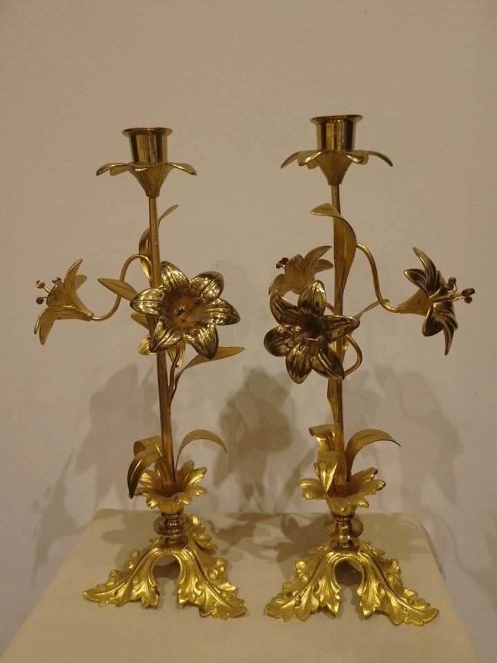 Paire Bougeoirs/fleur De Lys/cuivre Et Bronze/h.36cm/autel/eglise/messe/royale - Photo 2/4