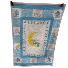 Vintage Care Bears Baby Quilt Moon Stars Blue White Pink 32 x 44"