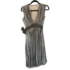 Metallic Drape Front Dress S/M Gray Pleated Sleeveless Cocktail Party Evening