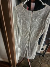 Windsor Silver Sequin Bodycon Dress V-Neck Long Sleeve Short Size S