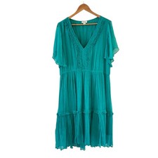 Sundance Teal Flutter Sleeve Midi Dress Womens XL Tiered Ruffle Boho Beach