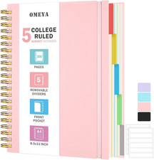 Spiral Notebook 8.5" X 11", 5 Subject Notebooks College Ruled with Removable Div