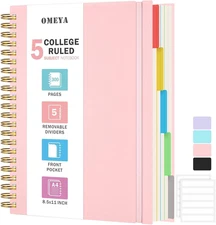 Spiral Notebook 8.5" X 11", 5 Subject Notebooks College Ruled with Removable Div