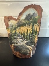 Original Mountain Stream Landscape Oil Painting on Wood Slab (Signed)