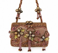 Mary Frances Pink/Gold Beaded Floral Shoulder Bag Clasp, Detachable Strap Lined