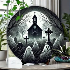 Large Gothic Halloween Church Round Aluminum Wall Art