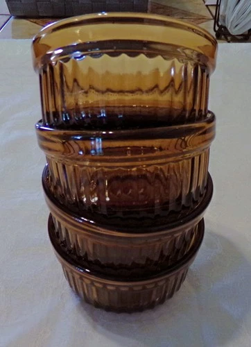 4 Vintage Anchor Hocking Kitchen Classic Amber Brown Ramekins Custard Cups VGC!