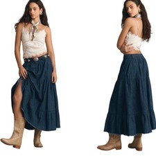Vintage Denim Tiered Maxi Skirt Blue Boho Western Medium