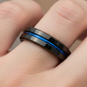 6mm Black Tungsten Men's Wedding Band With Blue Center Groove and Beveled Edges