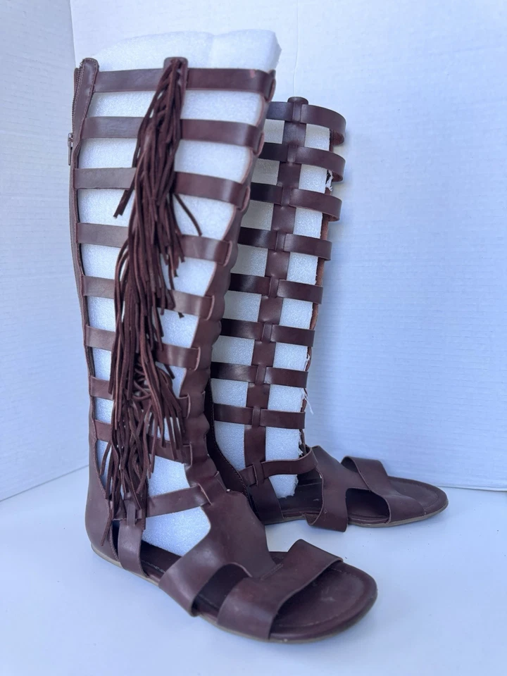 MIA Brown Tan Cognac Knee High Gladiator Fringe Sandals Size 9 - Image 3 of 4