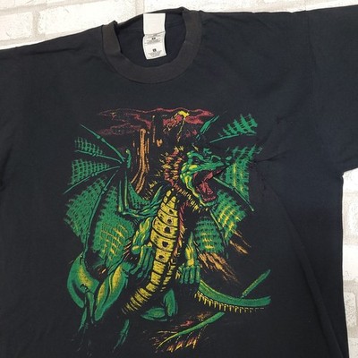 Vintage 90s American Thunder Style Dragon Fantasy Tee Biker Black T-Shirt Mens L