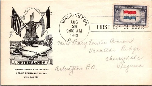 FDC 1943 SC #913 Netherlands Cachet - DC Cancel - Single - J27706