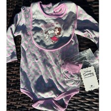 Vintage Snoopy Franco Baby Girls 3 Piece Set Bodysuit Bib Socks 24M Pink Grey