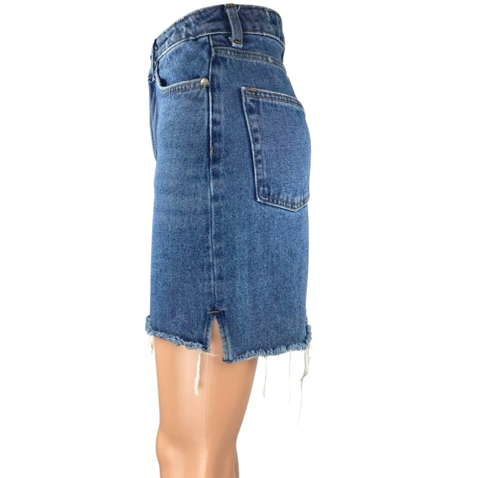 Mini mezclilla falda lápiz H&M para mujer azul cintura alta deshilachada dobladillo crudo talla 4 Foto 2 de 4