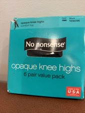 New No Nonsense Black Opaque Knee Highs (6 Pair in Box) Made in USA S/M