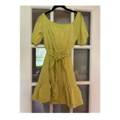 All in Favor Yellow Solid Wrap Dress Square Neck Puff Sleeve Belted Short M