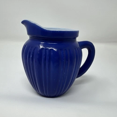 Hazel Atlas Platonite Ribbed Blue & White Glass Creamer Pitcher VTG 1930-1950