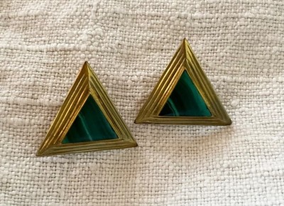 Ohrstecker dreieckig groß goldfarben Malachit 80er Vintage