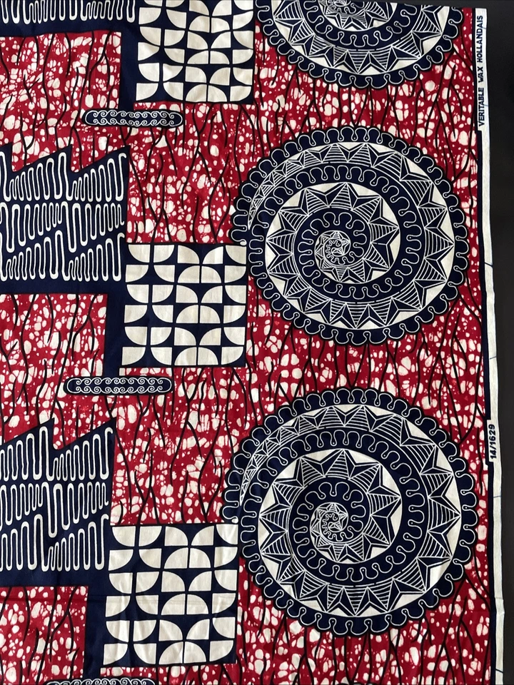 Veritable Wax Hollanders Vlisco Fabrics Etnic Medallions Red White Blue 68”x45” - Image 3 of 4