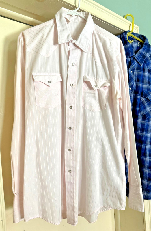 Great Vintage Pastel Pink Stripes Cowboy Western Shirt Pearl Snaps 16 1/2-36 USA
