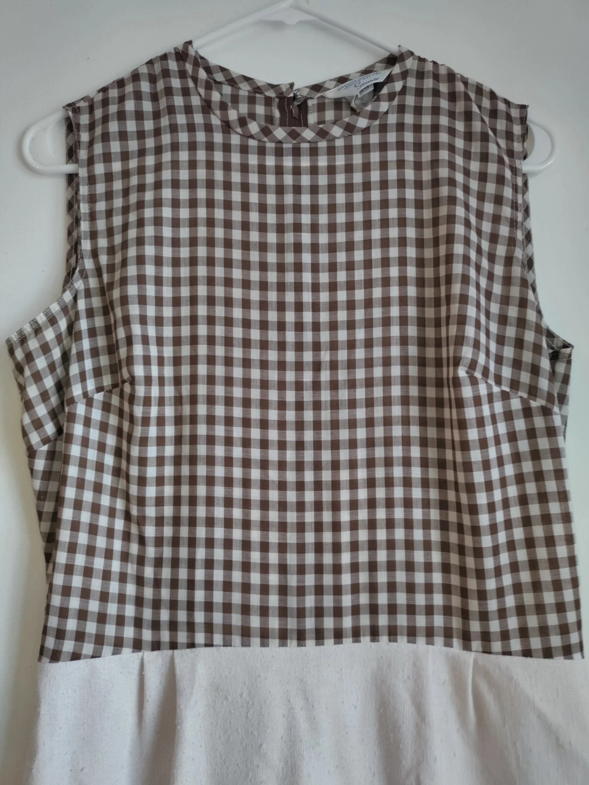 OFF WHITE Abito Sears senza maniche vintage anni 60 taglia 14 ILGWU marrone e bianco sporco a quadri