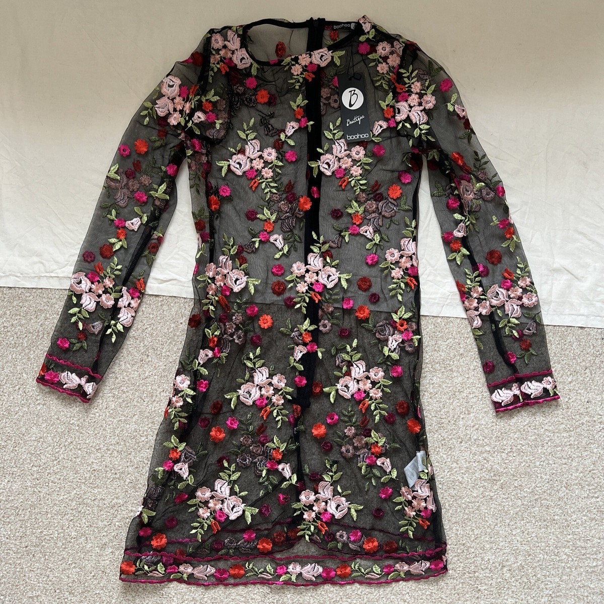 Boohoo Boutique Melodie Embroidery Mesh Black Shift Dress 8 Floral