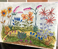 Original Gemälde von Anita Aquarell & Stift Blumen im Landgarten Blätter