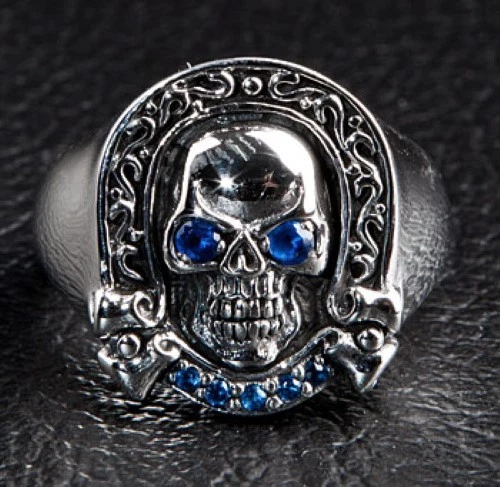 ANILLO BALANCÍN PLATA ESTERLINA 925 CALAVERA JINETE DISEÑADOR OJO ZAFIRO AZUL PARA HOMBRE NUEVO Foto 2 de 4