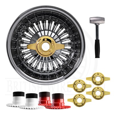 13x7 Rev SS 72 Spoke Wire Wheels + Gold Zenith 2 Bar KO + Locking Adapters, Set