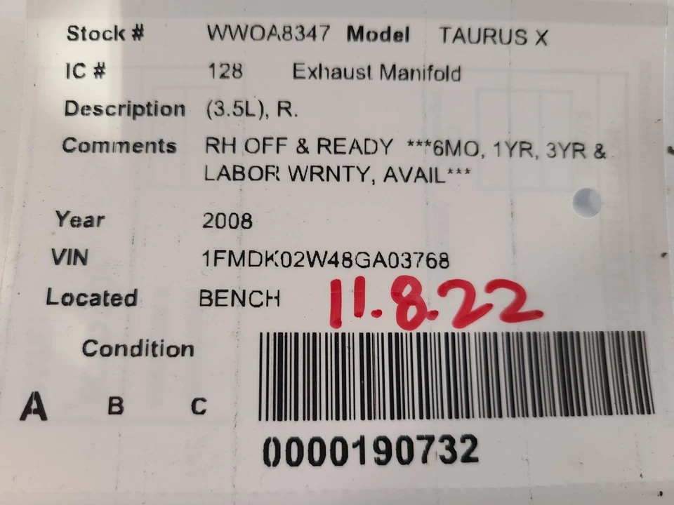 Colector de escape derecho usado se adapta a: Ford Taurus 2008 x 3,5 L derecho grado A Foto 3 de 4