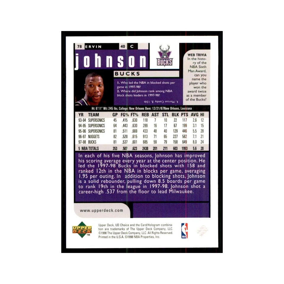 1998 UD Choice Ervin Johnson Basketball Cards #78 - Image 2 of 3