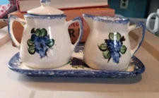 Blue & Cream Floral Sugar Bowl & Creamer Set~England