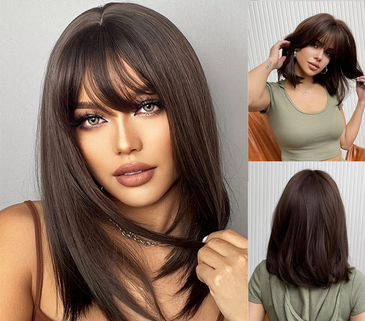 Mid Length Brown Wig Long Bangs Chestnut Brown Wig With Layers